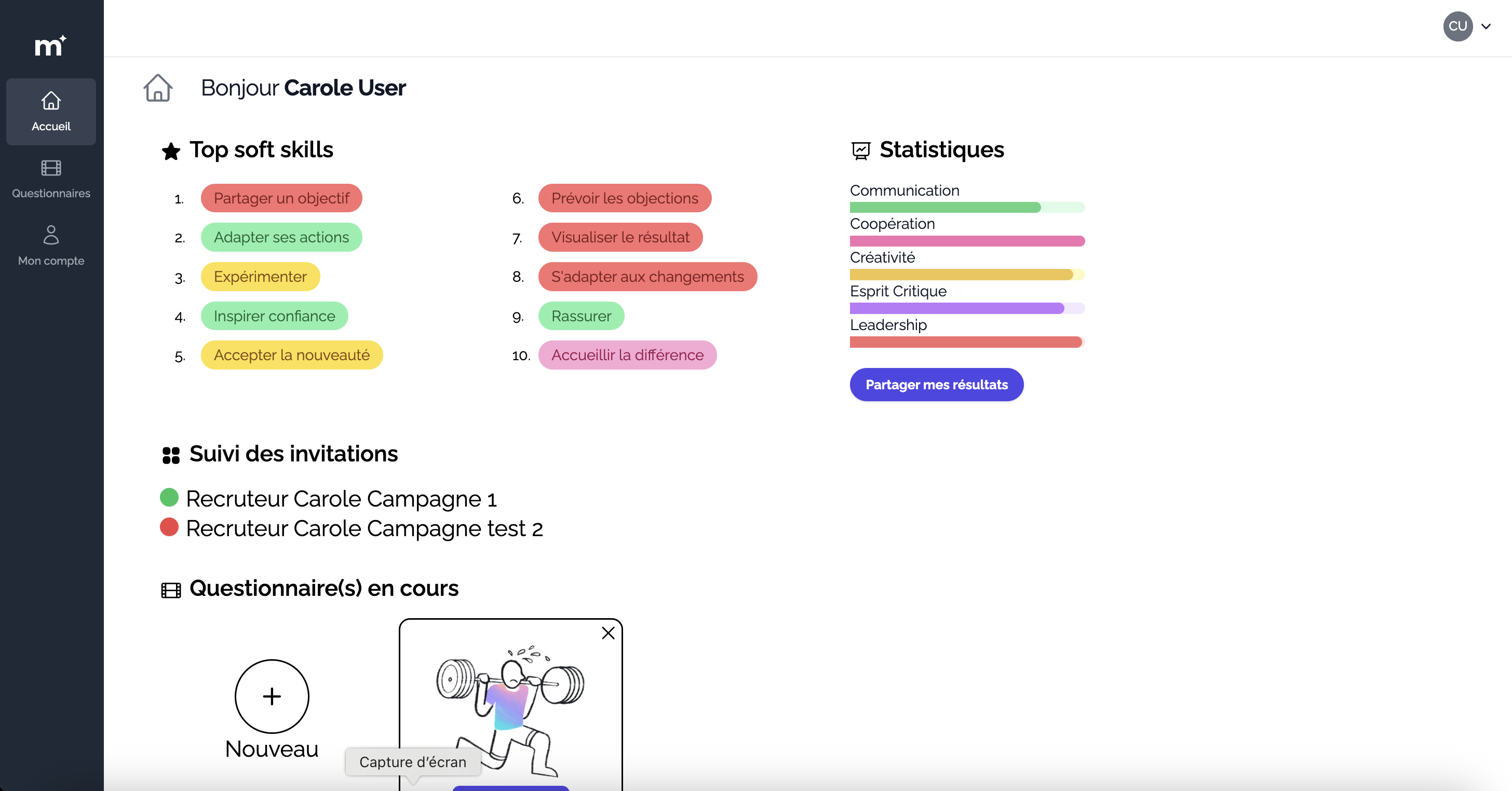 Dashboard personnel avec top soft skills et statistiques