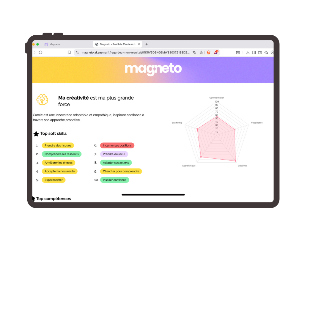 Profil public Magneto dans un navigateur montrant les compétences créativité, soft skills et radar chart